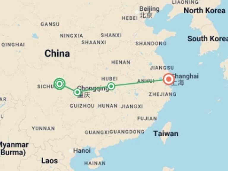 Map of Asia Tour with 4 destination visits for the trip: Chengdu & Yangtze Cruise to Shanghai - 10 days