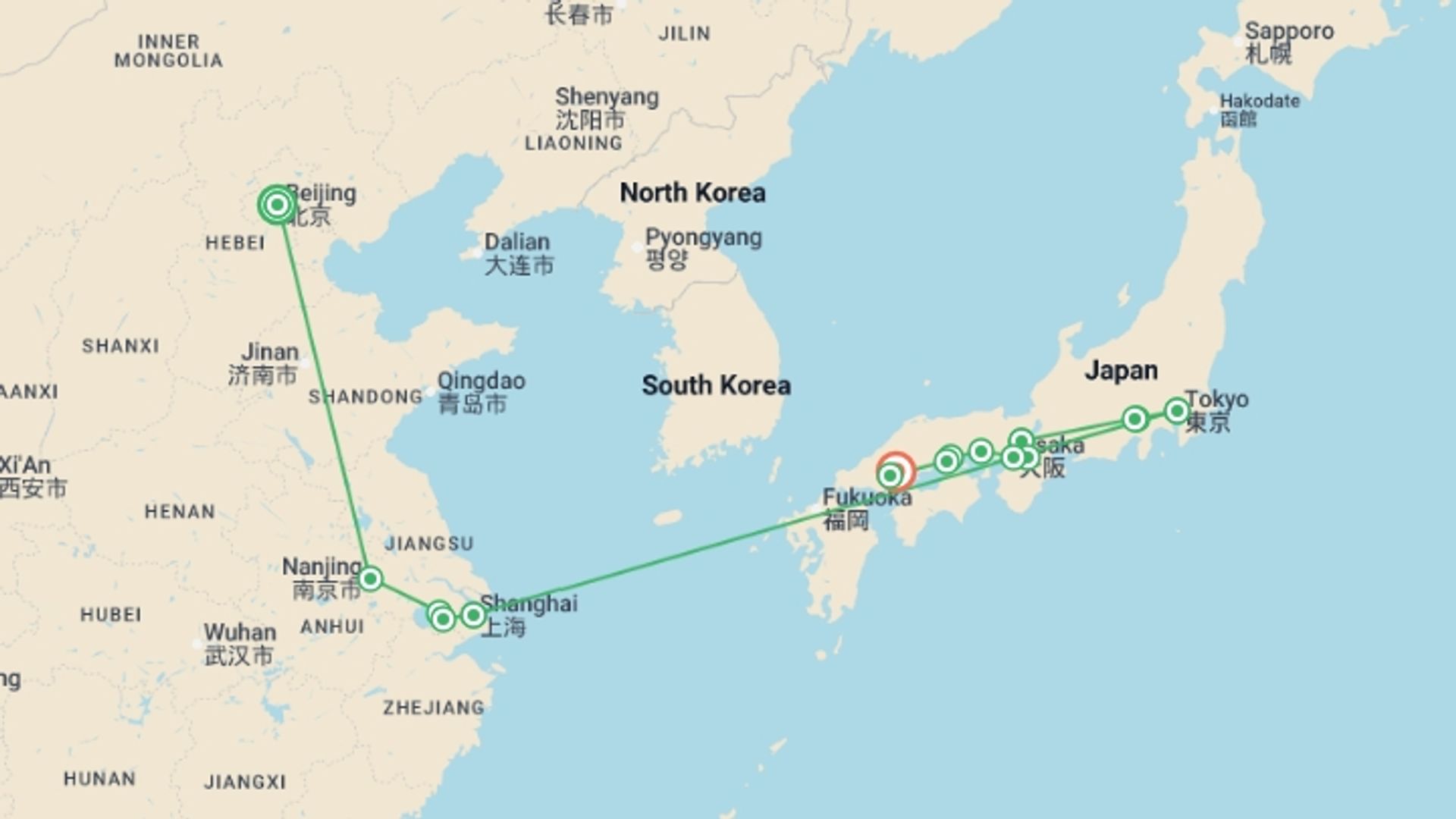 A map showing the tour itinerary for the trip: Legends of China and Japan, starting in Beijing, China and ending in Hiroshima, Japan going through 7 other destinations.