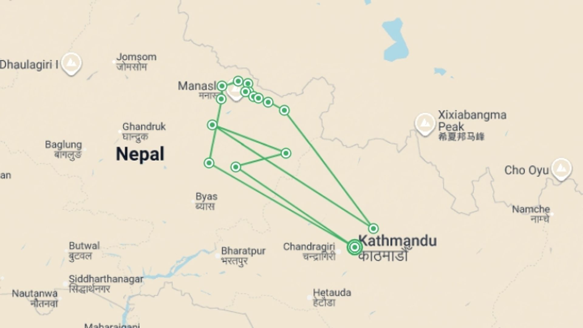 A map showing the tour itinerary for the trip: Manaslu Circuit & Base Camp Trek, starting in Kathmandu, Nepal and ending in Kathmandu, Nepal going through 16 other destinations.