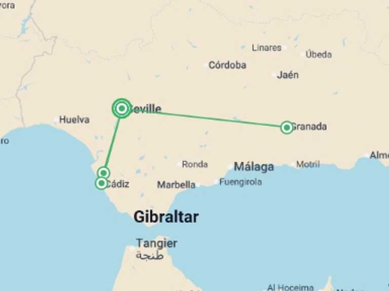 Map of Seville Explorer Tour with 3 destination visits for the trip: Family Club - Andalusia: Traditions, Gastronomy and Flamenco (port-to-port cruise)