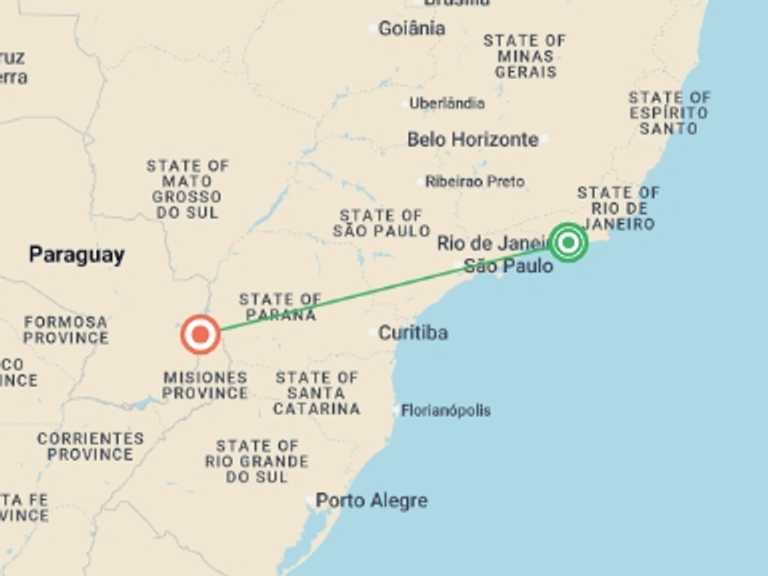 Map itinerary of Foz Do Iguacu Tour in July 2026 with 3 destination visits for the trip: Highlights of Rio & Iguazu - 6 days