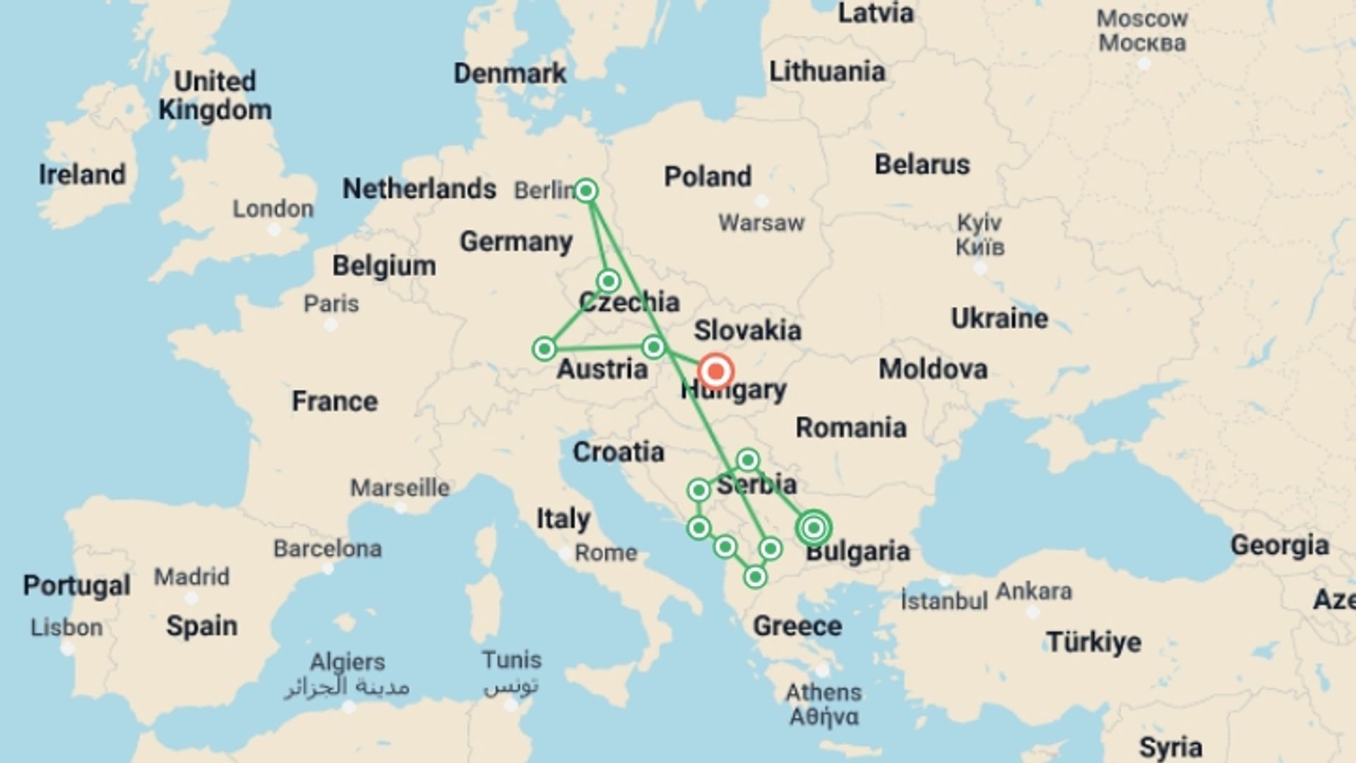 A map showing the tour itinerary for the trip: Wonders of Balkans & Central Europe (4 Star Hotels), starting in Sofia, Bulgaria and ending in Budapest, Hungary going through 10 other destinations.