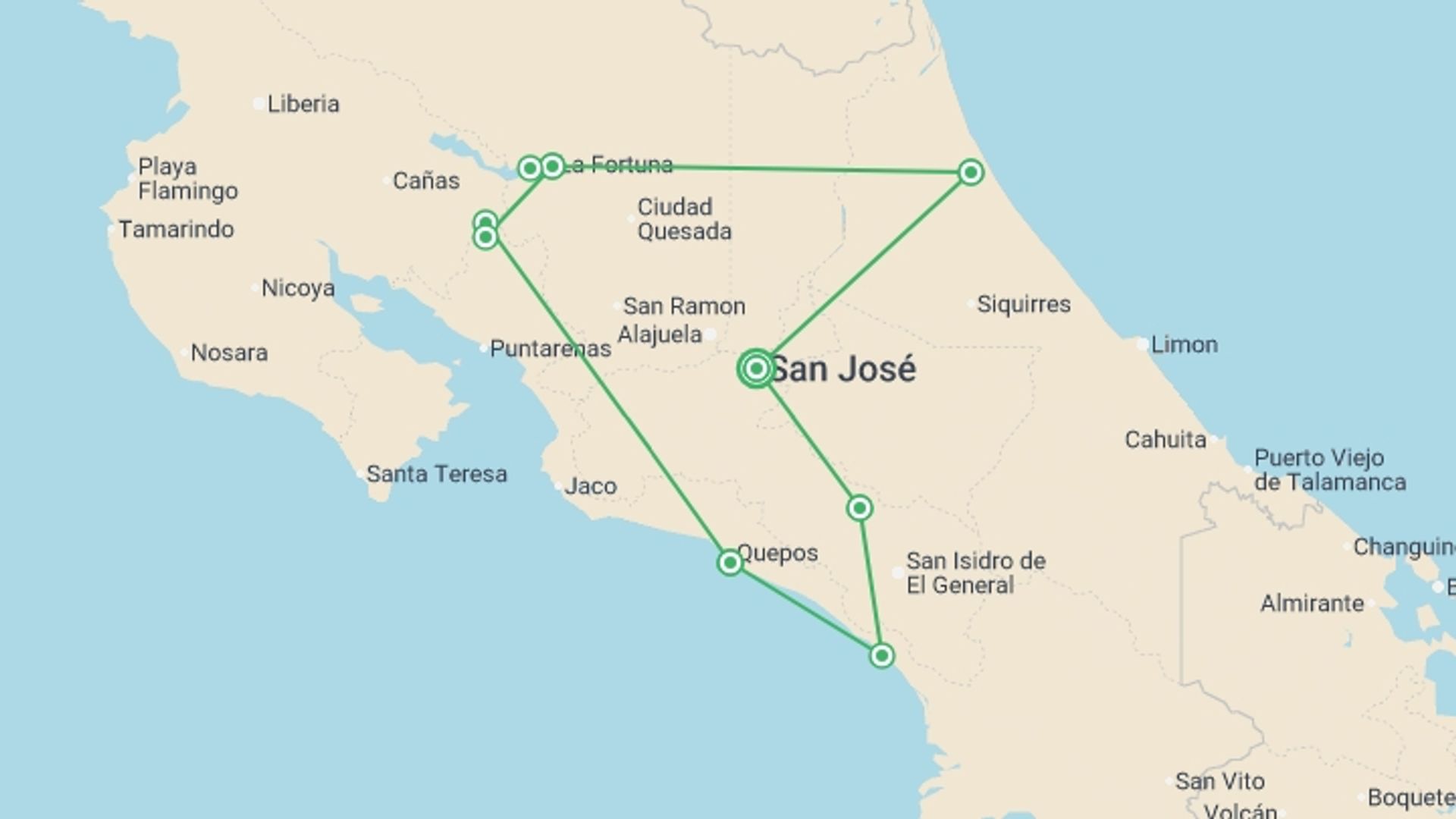 A map showing the tour itinerary for the trip: Discover Costa Rica – Coastal Edition, starting in San Jose, Costa Rica and ending in San Jose, Costa Rica going through 7 other destinations.