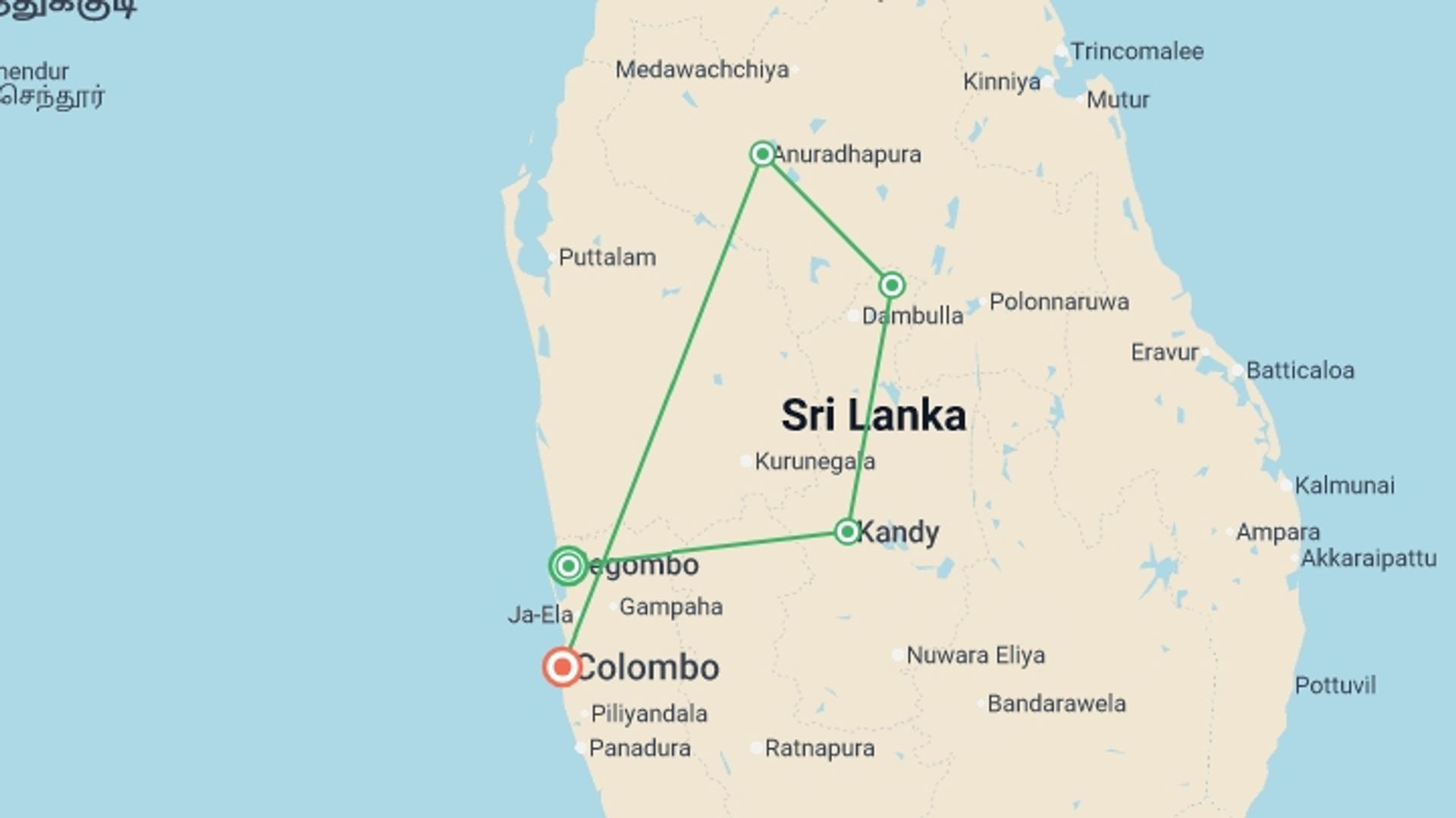 A map showing the tour itinerary for the trip: Classic Sri Lanka, starting in Negombo, Sri Lanka and ending in Colombo, Sri Lanka going through 3 other destinations.
