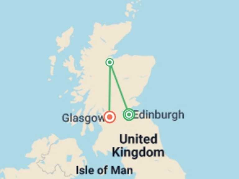 Map of a Walking Tour with 3 destination visits for the trip: Scotland