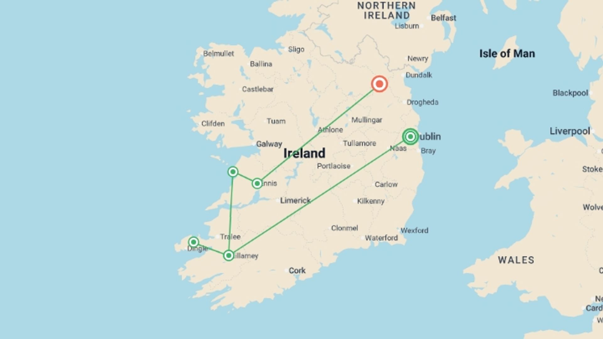 A map showing the tour itinerary for the trip: Irish Splendor , starting in Dublin, Ireland and ending in Kingscourt, Ireland going through 2 other destinations.