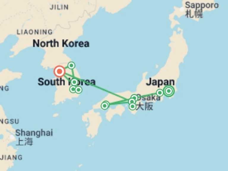 Map itinerary of Asia Tour in November 2026 with 10 destination visits for the trip: Highlights of Japan & South Korea