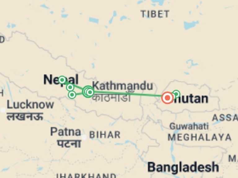 Map of a Sightseeing, attractions, culture and history Tour with 8 destination visits for the trip: Nepal & Bhutan Journey