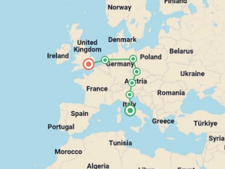 Map of England and Italy Tour with 7 destination visits for the trip: Rome to London Quest