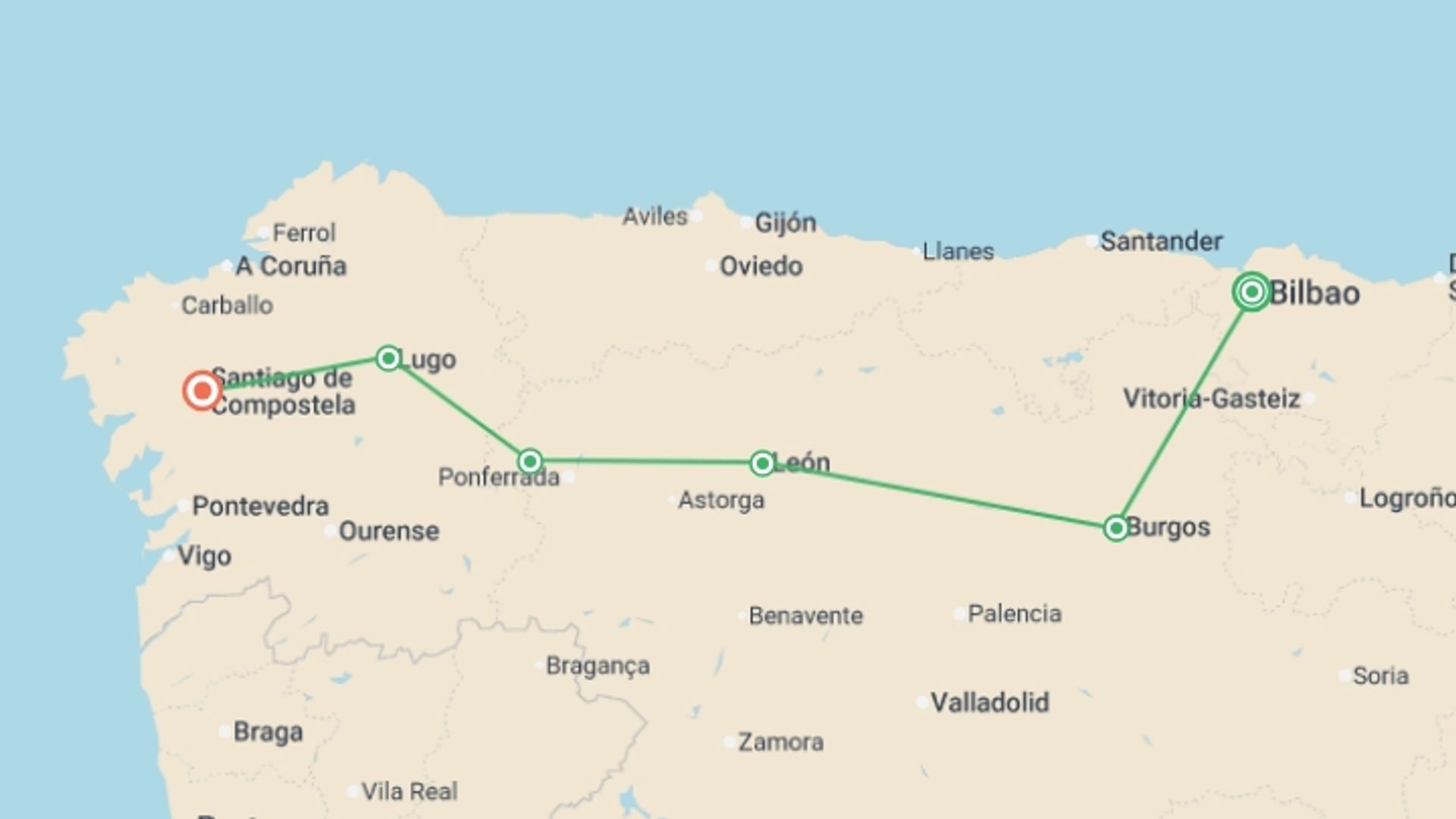 A map showing the tour itinerary for the trip: Signature: Walking Spain's Camino de Santiago, starting in Bilbao, Spain and ending in Santiago De Compostela, Spain going through 4 other destinations.