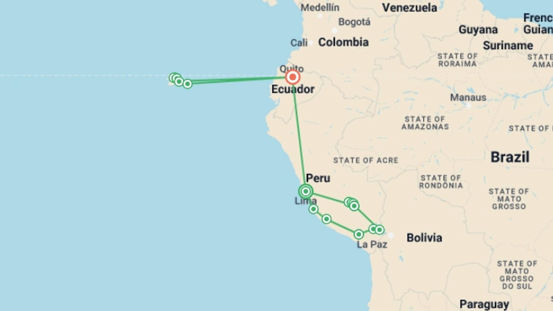 A map showing the tour itinerary for the trip: Majestic Peru & Galapagos Cruise (Grand Queen Beatriz), starting in Lima, Peru and ending in Quito, Ecuador going through 11 other destinations.