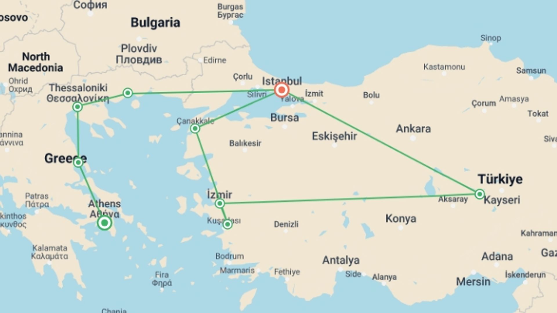 A map showing the tour itinerary for the trip: Highlights of Northern Greece & Turkey, starting in Athens, Greece and ending in Istanbul, Turkey going through 7 other destinations.