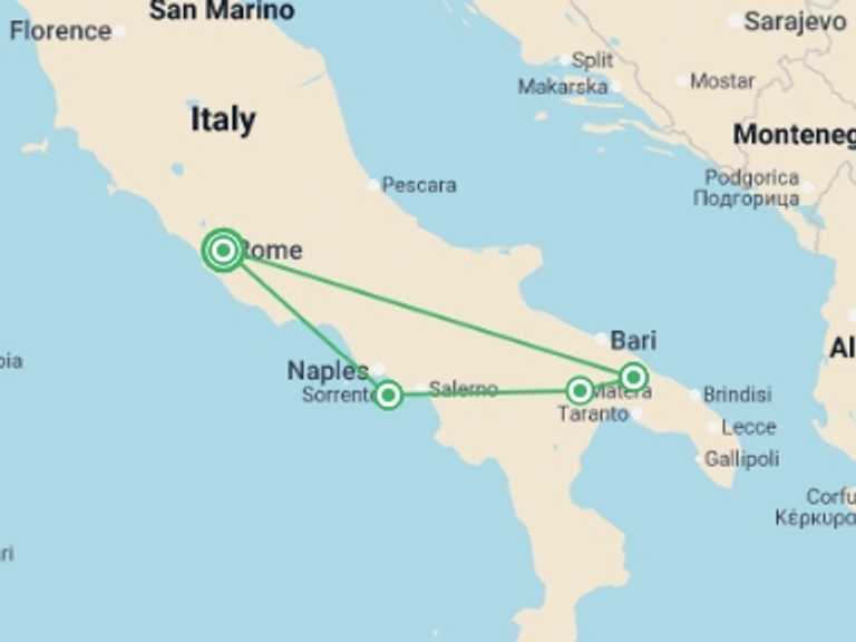 Map of Europe Tour with 4 destination visits for the trip: Country Roads of Southern Italy