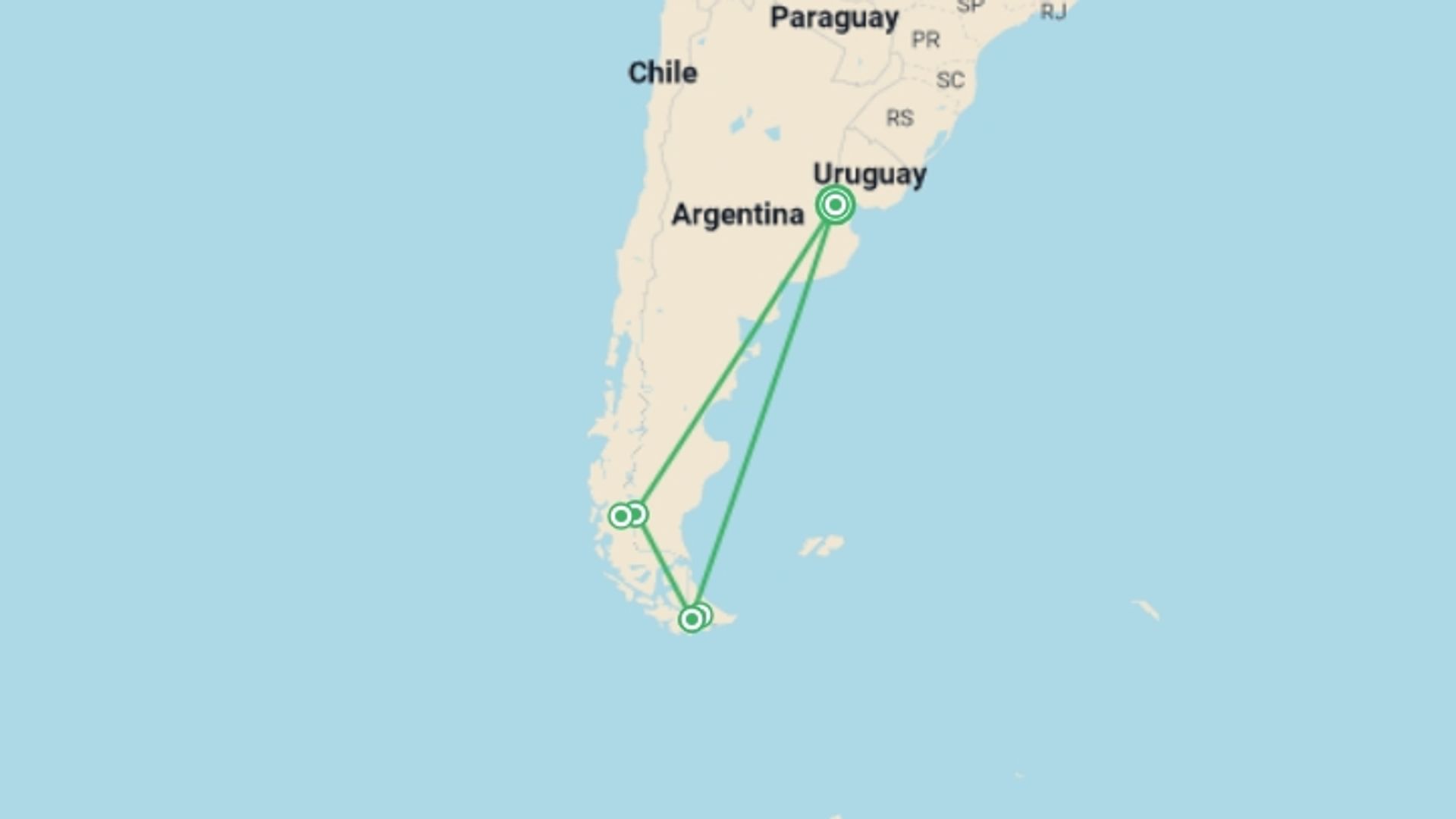 A map showing the tour itinerary for the trip: 8-Day Argentina & Patagonia Tour From Buenos Aires: El Calafate & Ushuaia, starting in Buenos Aires, Argentina and ending in Buenos Aires, Argentina going through 5 other destinations.