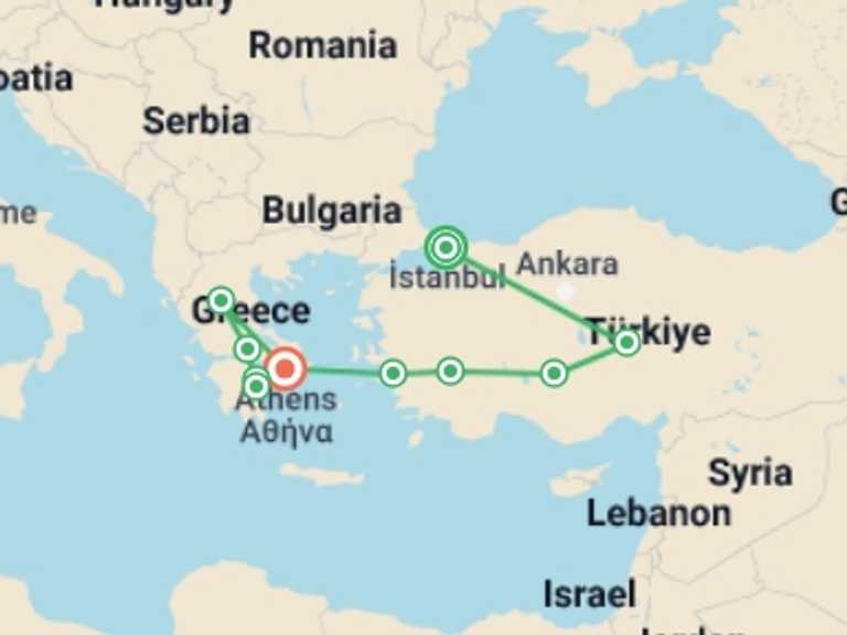 Map of 15-Day Europe Tour with 9 destination visits for the trip: Best of Turkey and Greece Tour