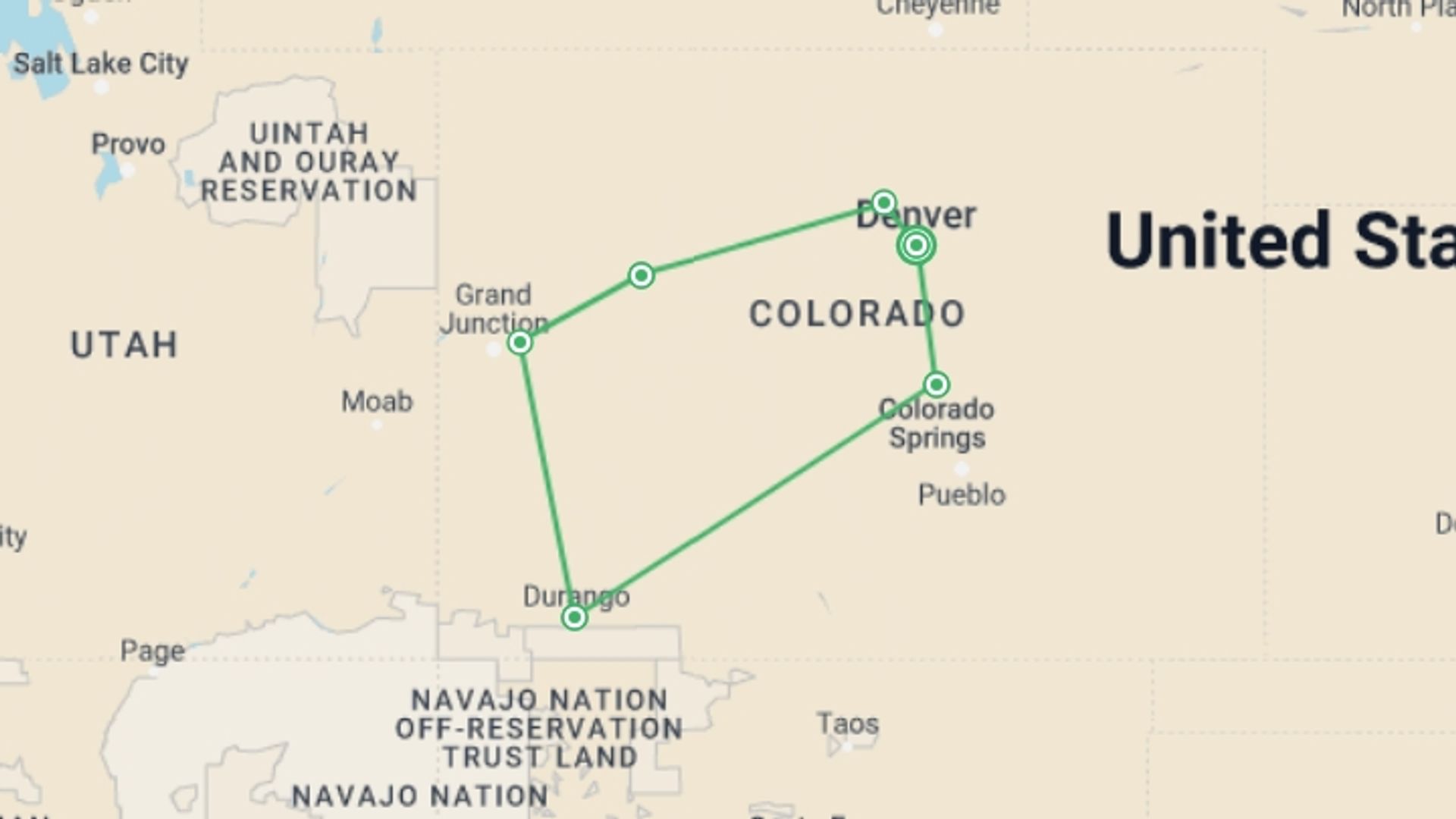 A map showing the tour itinerary for the trip: Welcome to Colorado, starting in Denver, USA and ending in Denver, USA going through 5 other destinations.