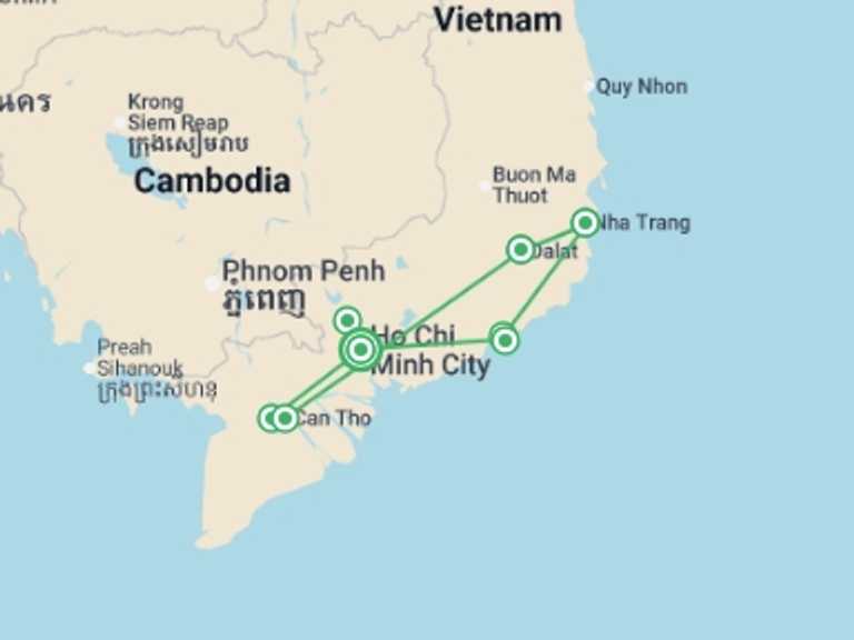 Map of Asia Tour with 6 destination visits for the trip: Highlights of South Vietnam - 11 days