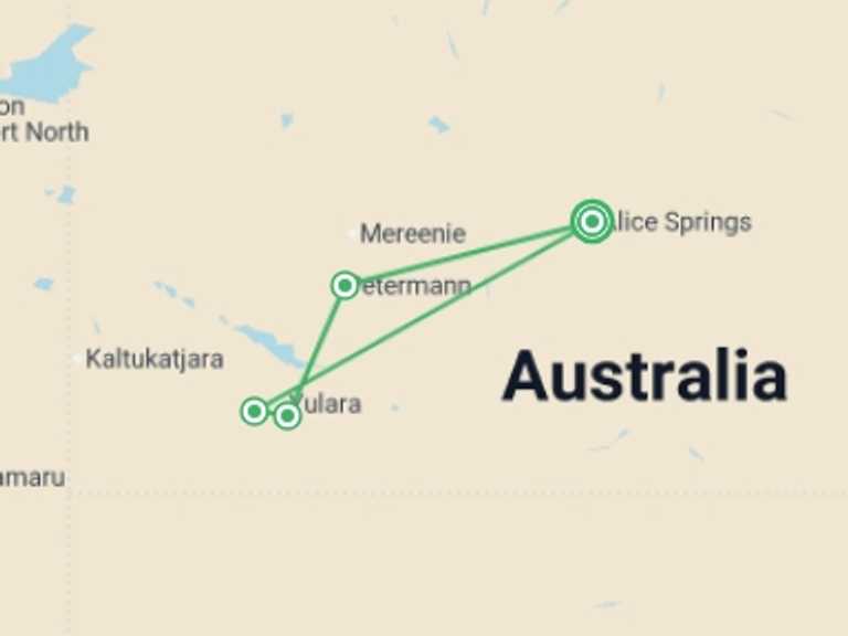 Map of Australia Tour with 4 destination visits for the trip: Outback Contrasts