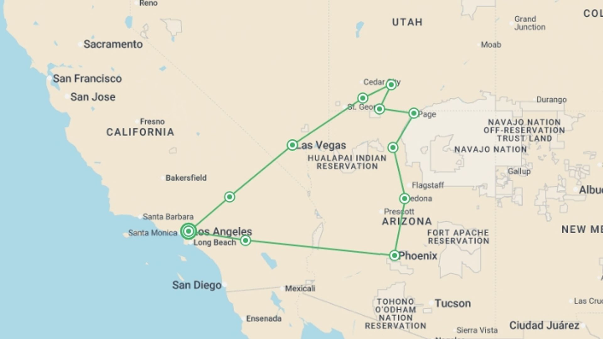 A map showing the tour itinerary for the trip: Western Trails, starting in Los Angeles, USA and ending in Los Angeles, USA going through 5 other destinations.