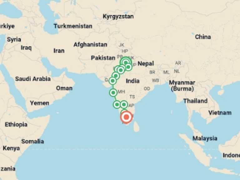 Map itinerary of South Asia Tour in January 2026 with 13 destination visits for the trip: Delhi to Kochi: Hampi Ruins & The Taj Mahal