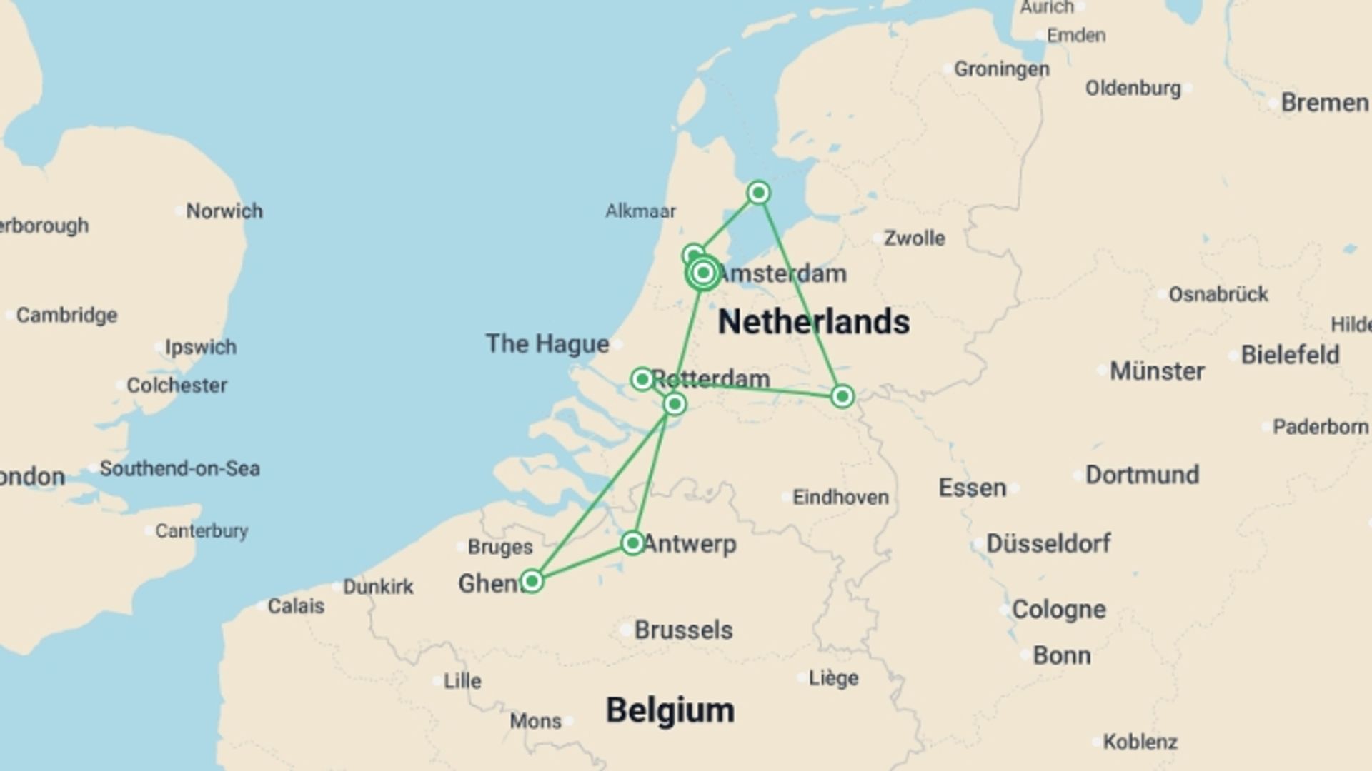A map showing the tour itinerary for the trip: Tulips & Windmills (2027), starting in Amsterdam, Holland and ending in Amsterdam, Holland going through 7 other destinations.