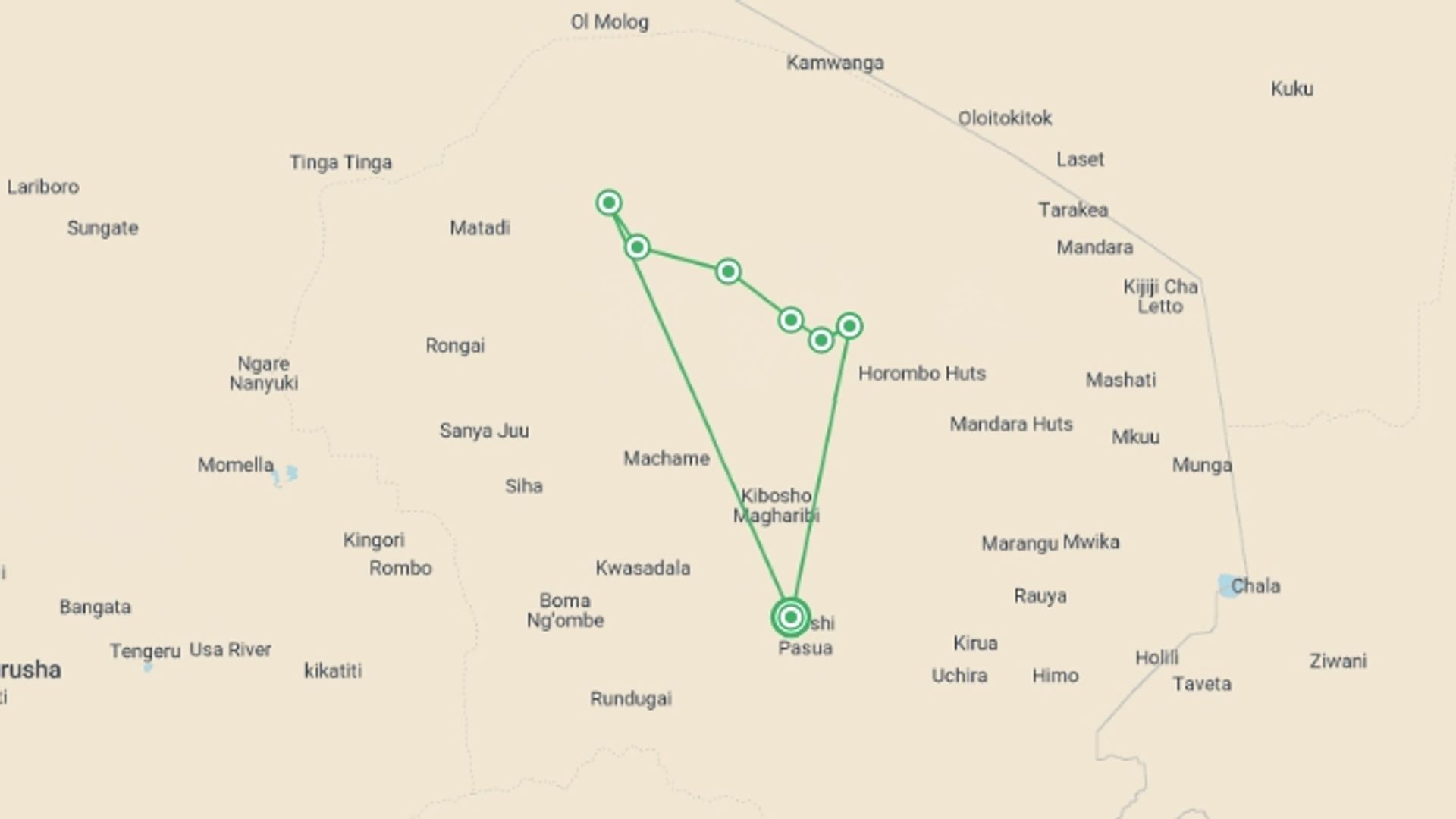 A map showing the tour itinerary for the trip: 8 Days Mount Kilimanjaro Via Lemosho Route, starting in Moshi, Tanzania and ending in Moshi, Tanzania going through 9 other destinations.