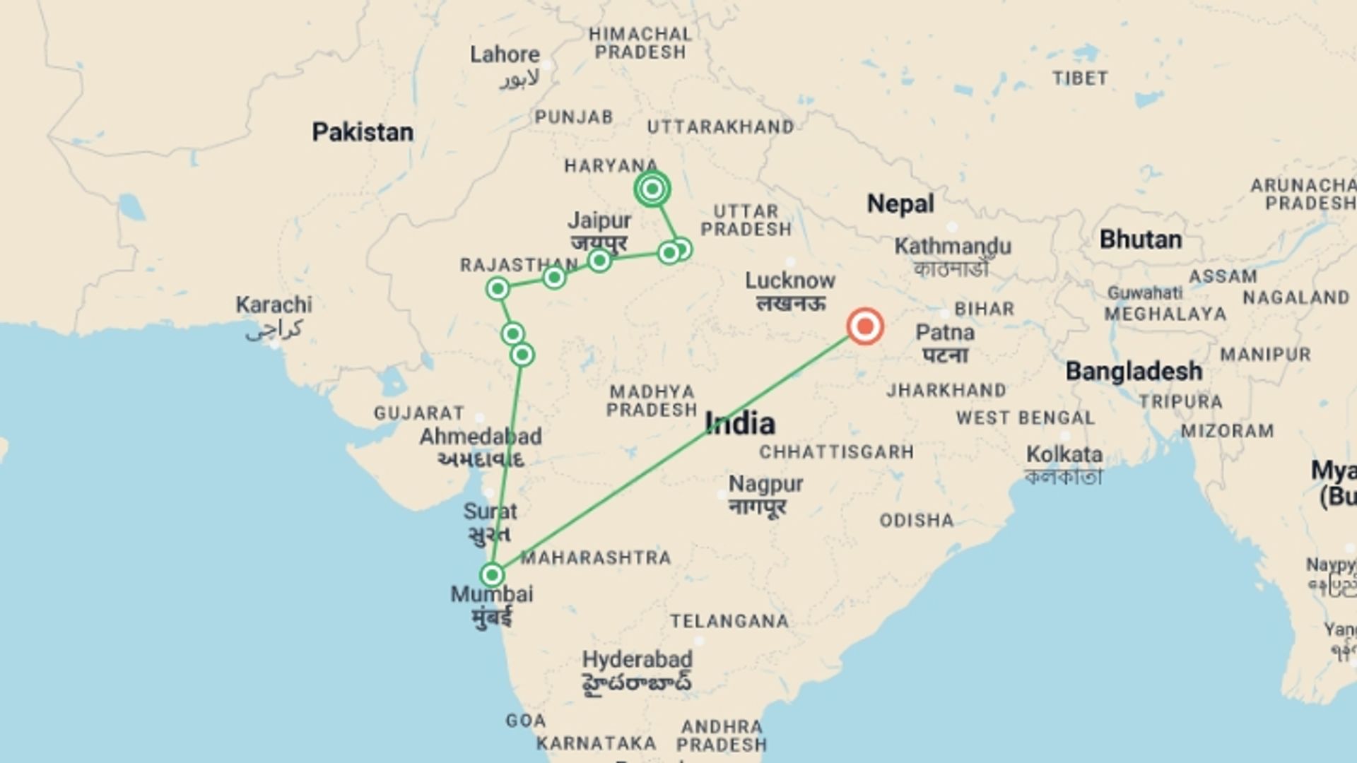 A map showing the tour itinerary for the trip: BEST OF NORTH INDIA WITH MUMBAI & VARANASI, starting in New Delhi, India and ending in Varanasi, India going through 6 other destinations.