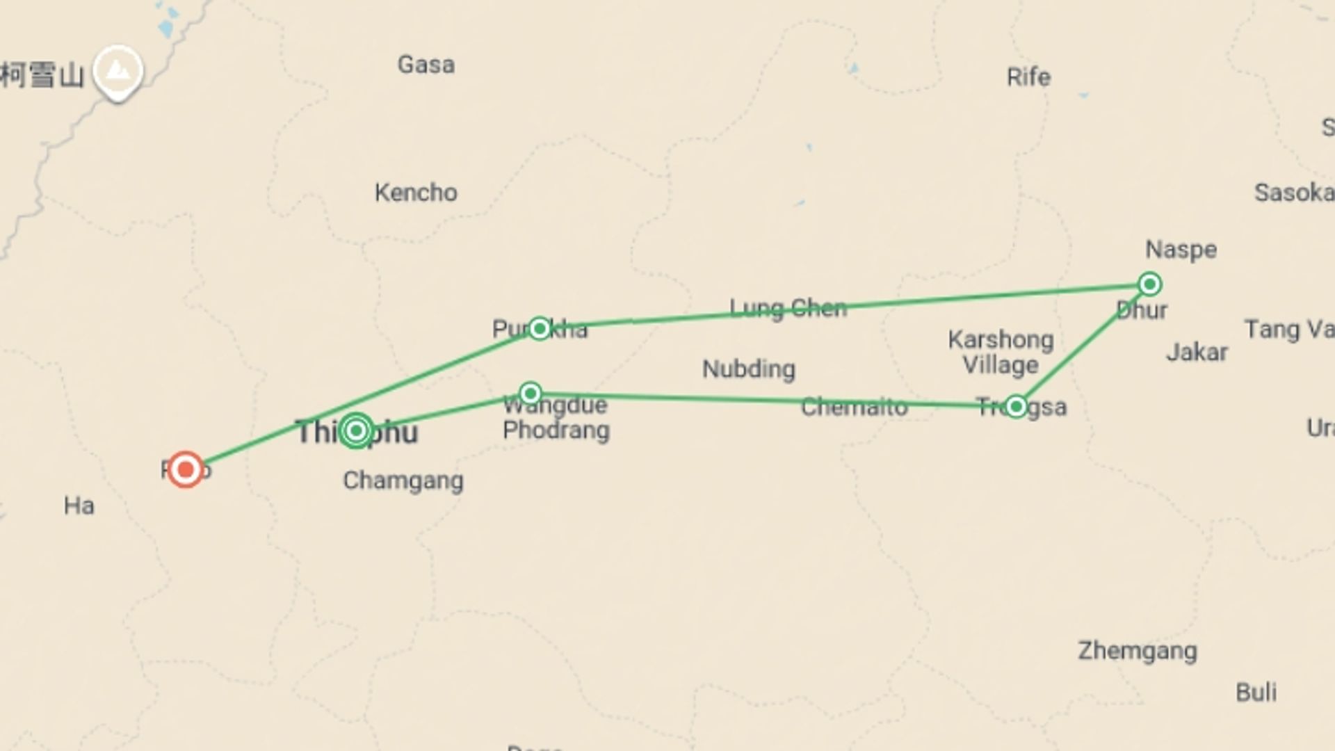 A map showing the tour itinerary for the trip: Hike the Trans Bhutan Trail, starting in Thimphu, Bhutan and ending in Paro, Bhutan going through 4 other destinations.