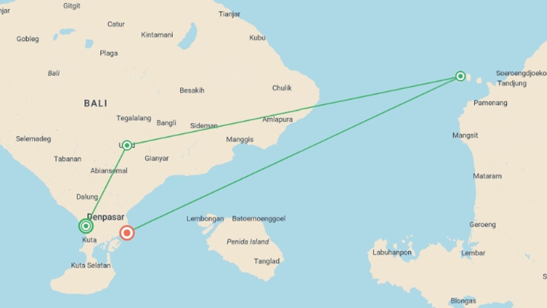 A map showing the tour itinerary for the trip: Bali Island Hopping, starting in Seminyak , Indonesia and ending in Sanur, Indonesia going through 3 other destinations.