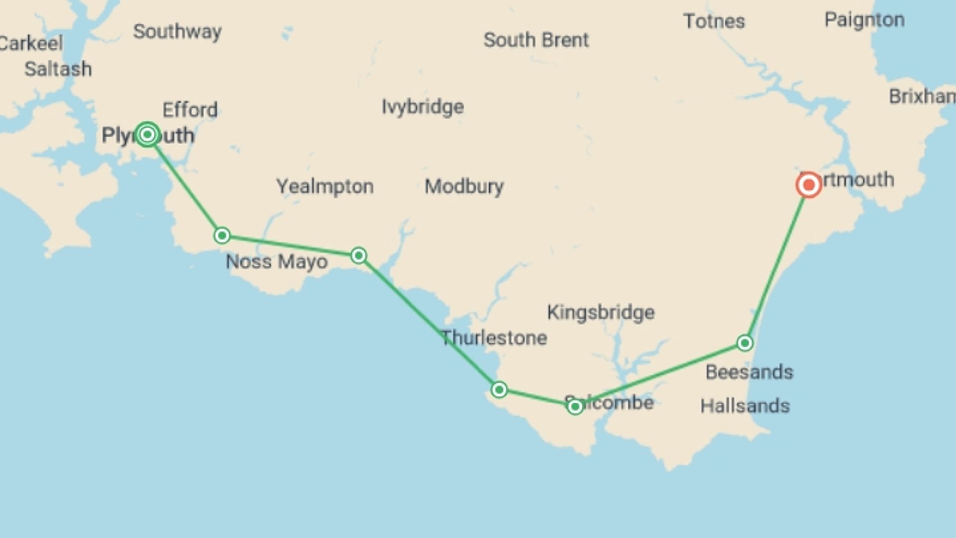 A map showing the tour itinerary for the trip: Walking South Devon's Coastal Path, starting in undefined, undefined and ending in undefined, undefined going through 0 other destinations.