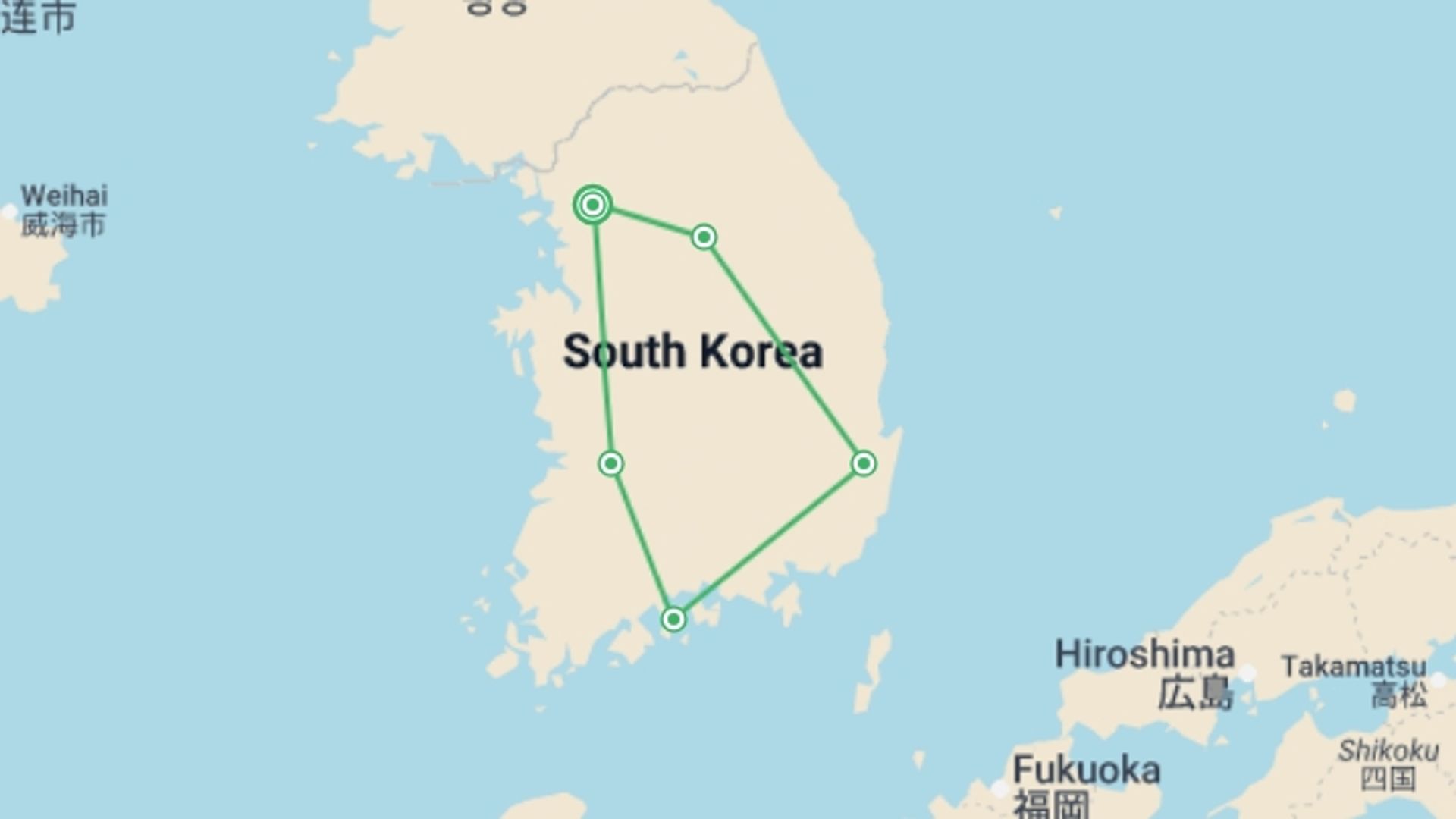 A map showing the tour itinerary for the trip: South Korea Circle Adventure 5D/4N, starting in Seoul, South Korea and ending in Seoul, South Korea going through 4 other destinations.