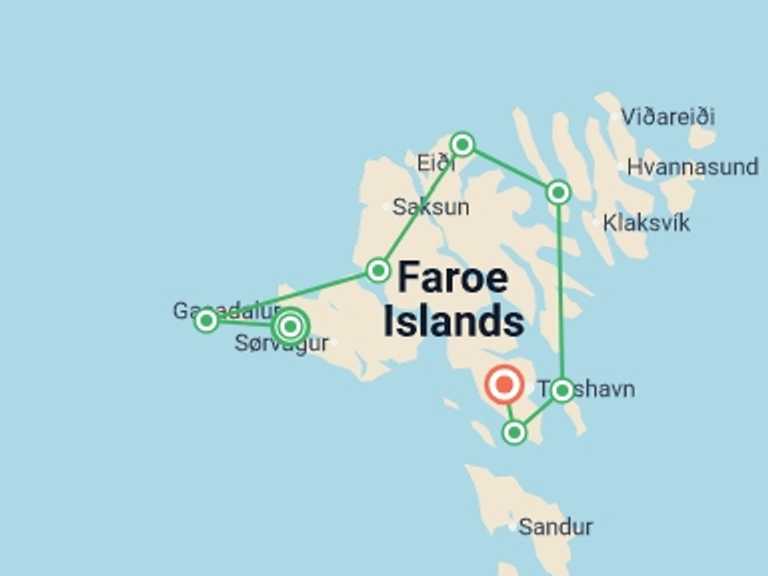 Map itinerary of Europe Tour in July 2026 with 8 destination visits for the trip: Walking in the Faroe Islands