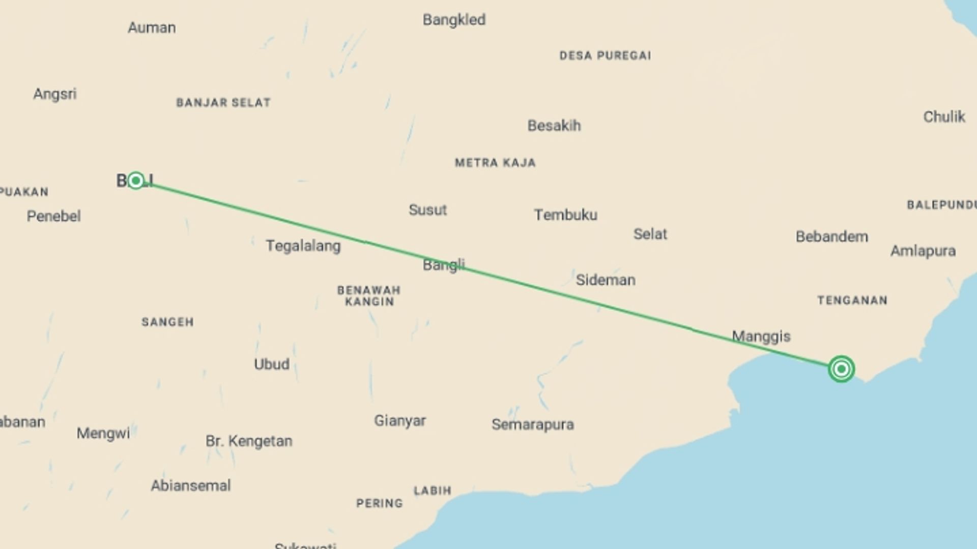 A map showing the tour itinerary for the trip: 2-day Private East Bali Discovery, starting in Candidasa, Indonesia and ending in Candidasa, Indonesia going through 1 other destinations.