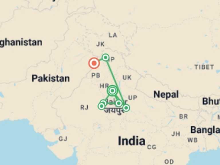 Map itinerary of India Tour in Summer with 7 destination visits for the trip: India Discovery: Golden Triangle & Himalayan Highlights