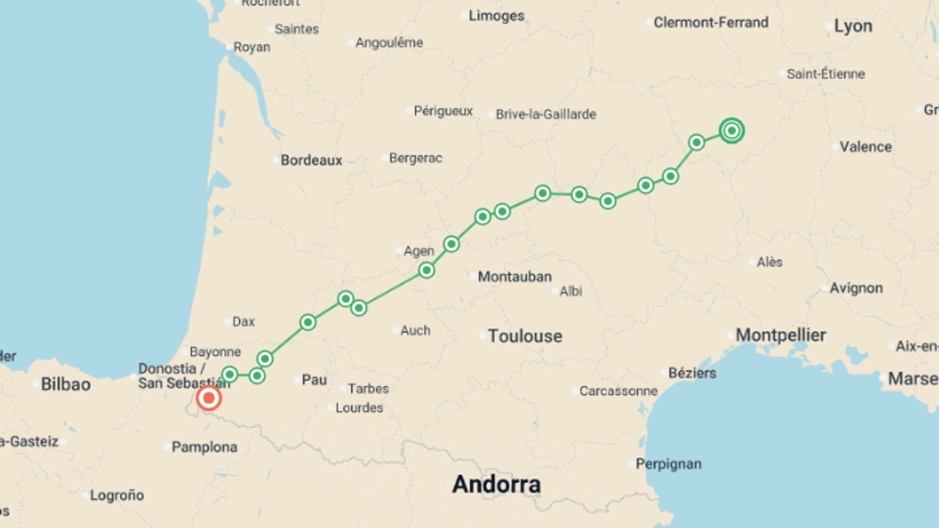 A map showing the tour itinerary for the trip: Full Le Puy Camino by Bike, starting in Le Puy-en-Velay, France and ending in Saint-Jean-Pied-de-Port, France going through 15 other destinations.