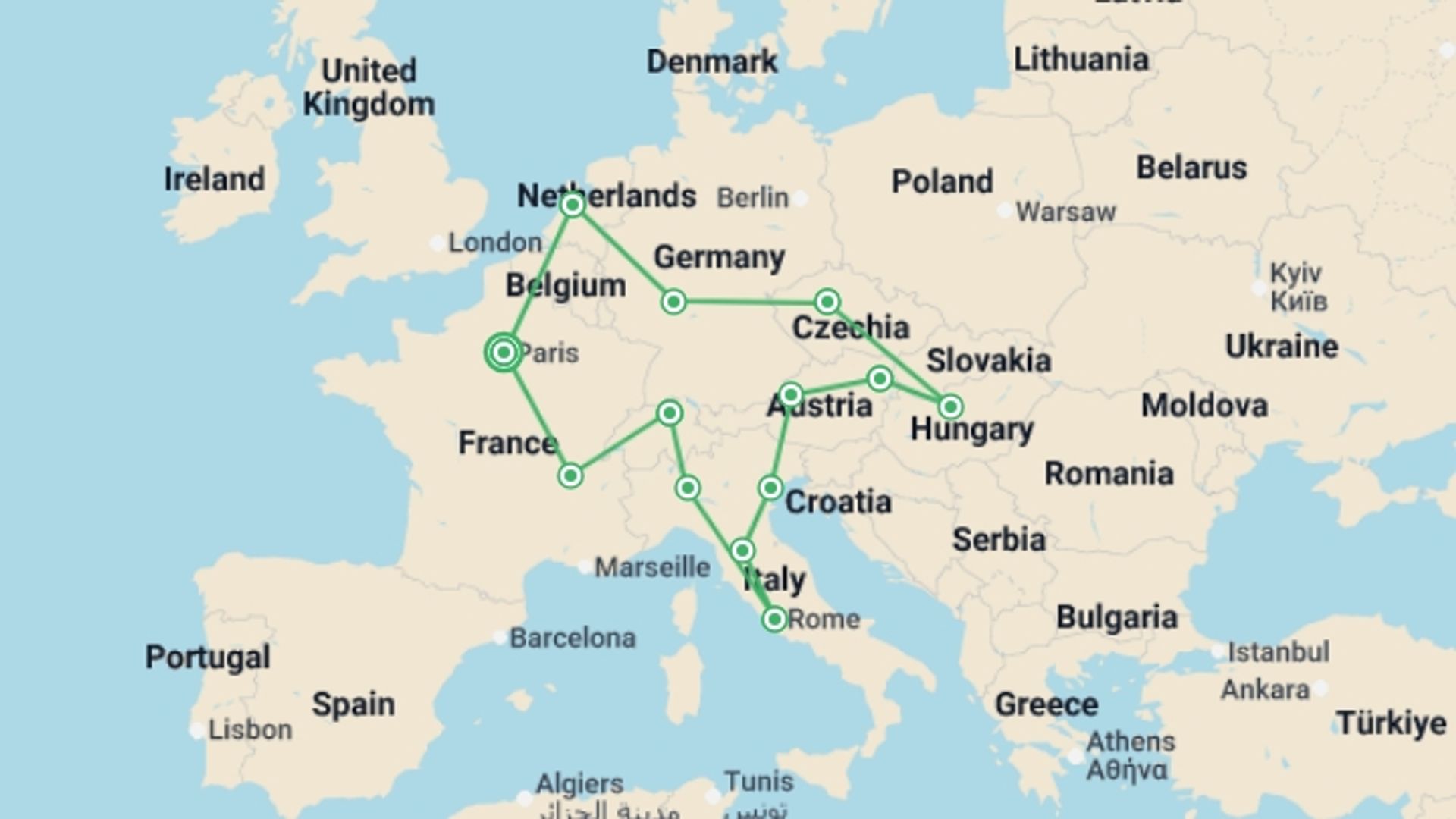 A map showing the tour itinerary for the trip: European Ring GO, starting in Paris, France and ending in Paris, France going through 12 other destinations.