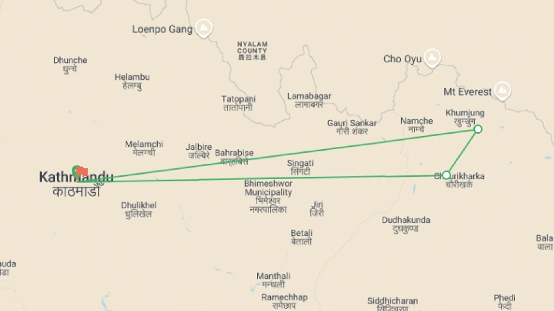 A map showing the tour itinerary for the trip: Everest Base camp trek with Island Peak climbing, starting in Kathmandu, Nepal and ending in Kathmandu, Nepal going through 3 other destinations.