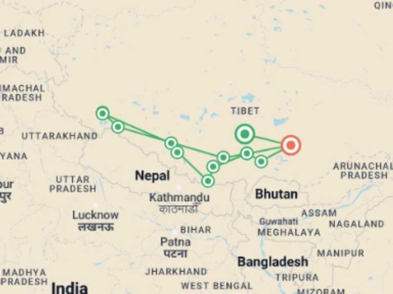 Map of Shigatse Tour with 10 destination visits for the trip: 15-Day Mt. Everest & Mt. Kailash Kora Pilgrimage