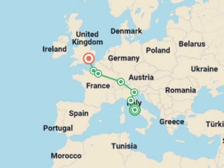 Map of Europe Tour with 7 destination visits for the trip: Genuine Europe GO