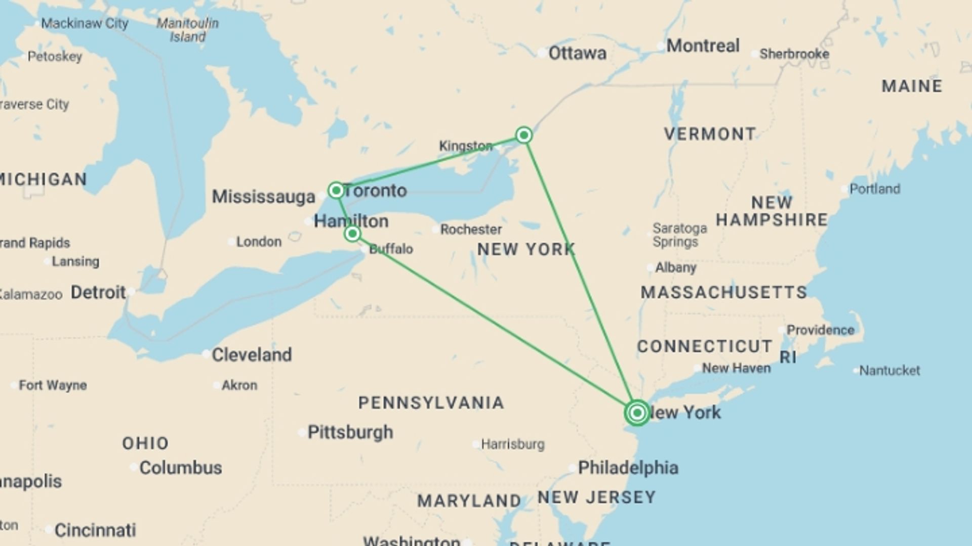 A map showing the tour itinerary for the trip: Niagara Falls & 1000 Islands 3D/2N (from New York), starting in New York, USA and ending in New York, USA going through 3 other destinations.