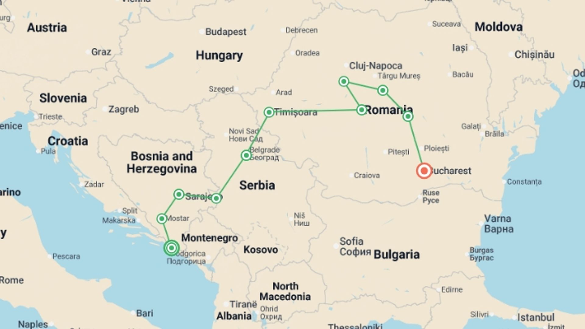 A map showing the tour itinerary for the trip: Premium Dubrovnik to Bucharest, starting in Dubrovnik, Croatia and ending in Bucharest, Romania going through 9 other destinations.