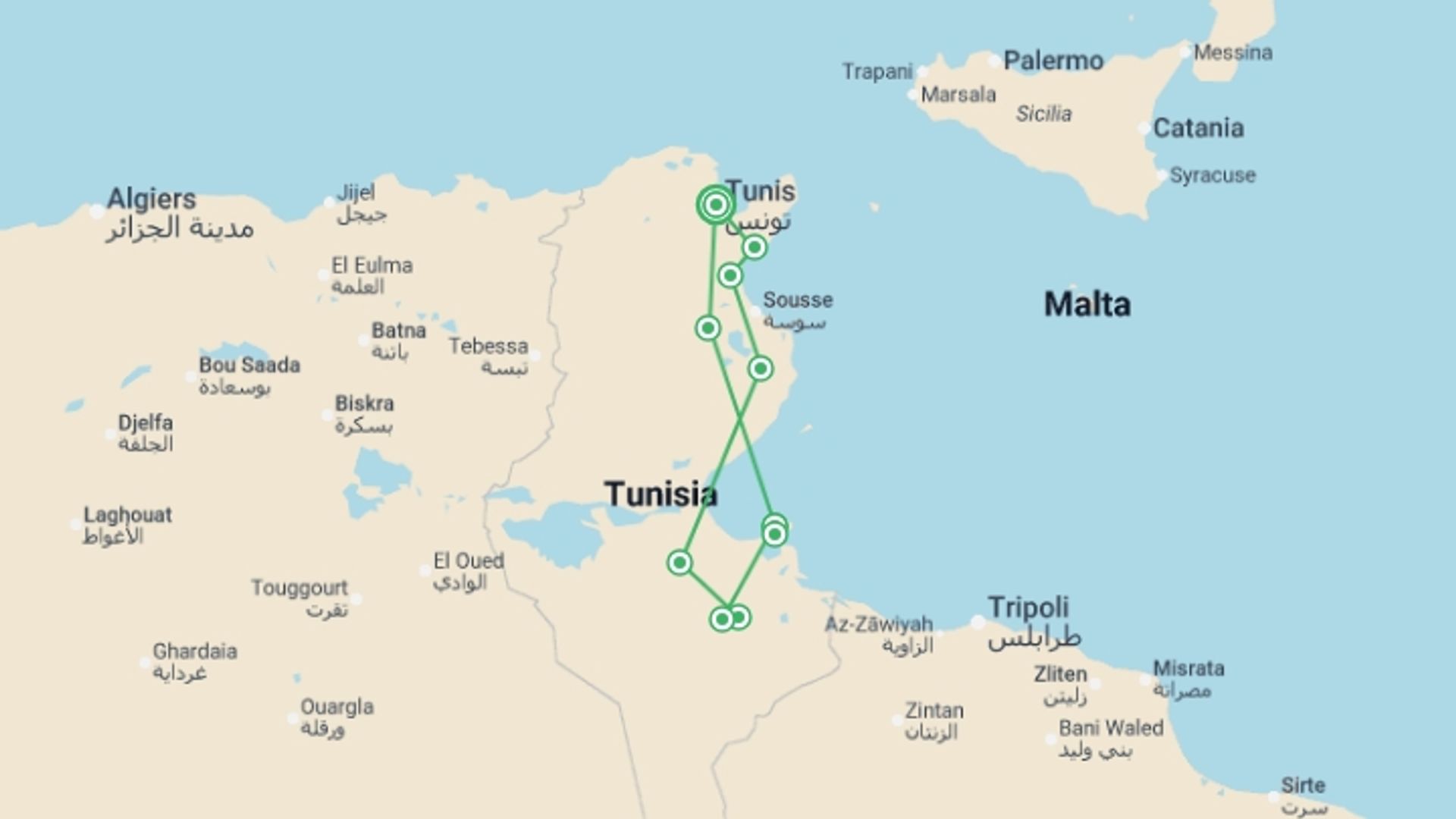 A map showing the tour itinerary for the trip: Berbers & Diars By 4-wheelers, Small Group Tour, starting in Tunis, Tunisia and ending in Tunis, Tunisia going through 3 other destinations.