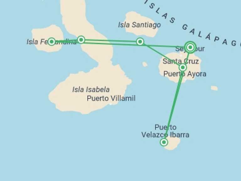 Map of Baltra Island Marine wildlife Tour with 7 destination visits for the trip: YACHT LA PINTA DARWIN’S LEGACY (Fri - Thurs)