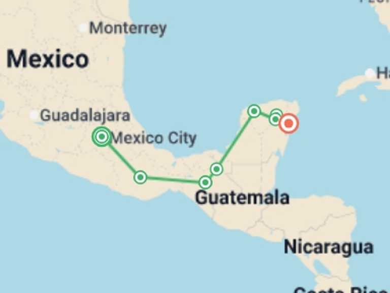Map of North America Tour with 7 destination visits for the trip: Mexico City to Tulum