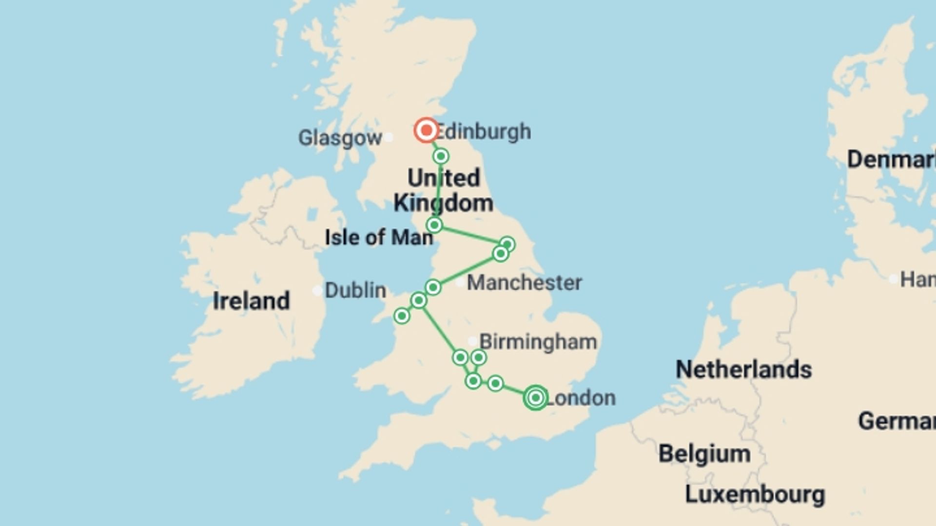 A map showing the tour itinerary for the trip: Highlights of Britain, starting in London, England and ending in Edinburgh, Scotland going through 5 other destinations.