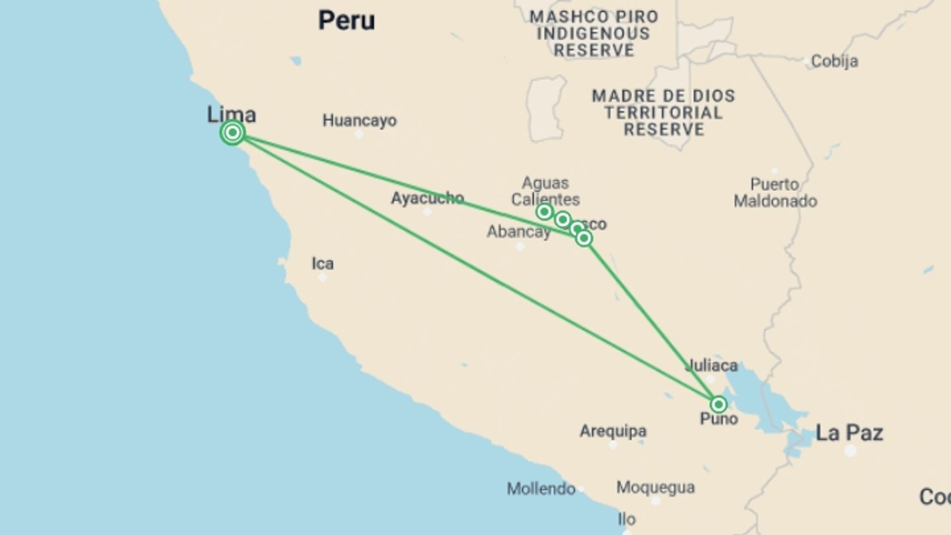 A map showing the tour itinerary for the trip: Mystic Peru, Italian-speaking Guide, starting in Lima, Peru and ending in Lima, Peru going through 3 other destinations.