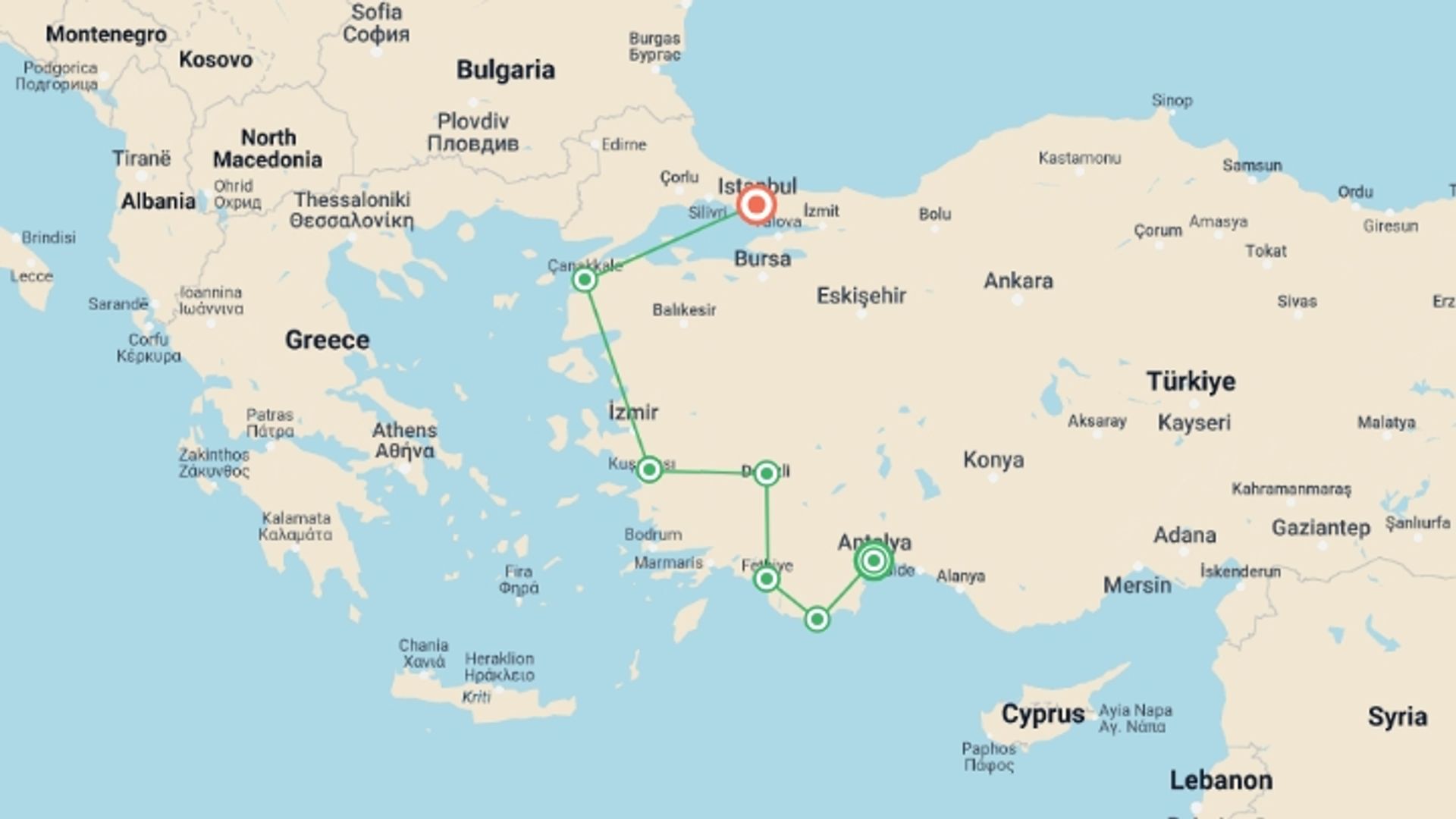 A map showing the tour itinerary for the trip: Turkey: Troy & the Turkish Riviera, starting in Antalya, Turkey and ending in Istanbul, Turkey going through 5 other destinations.