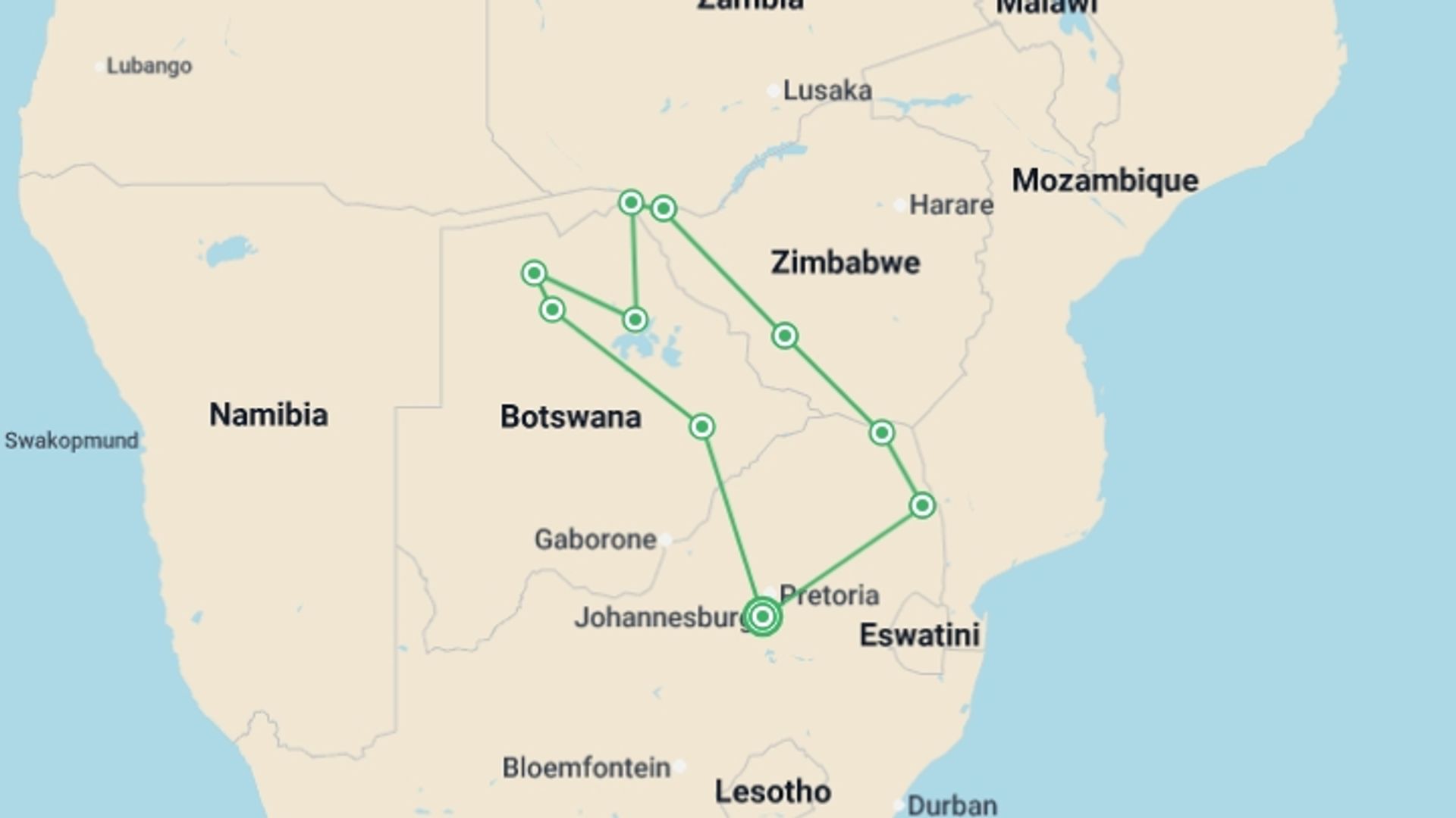 A map showing the tour itinerary for the trip: Southern Africa Encompassed: Bush Camps & Wildlife Spotting, starting in Johannesburg, South Africa and ending in Johannesburg, South Africa going through 9 other destinations.