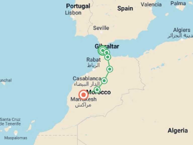 Map of 9-Day Marrakech Tour with 7 destination visits for the trip: Active Morocco: Rif Mountains