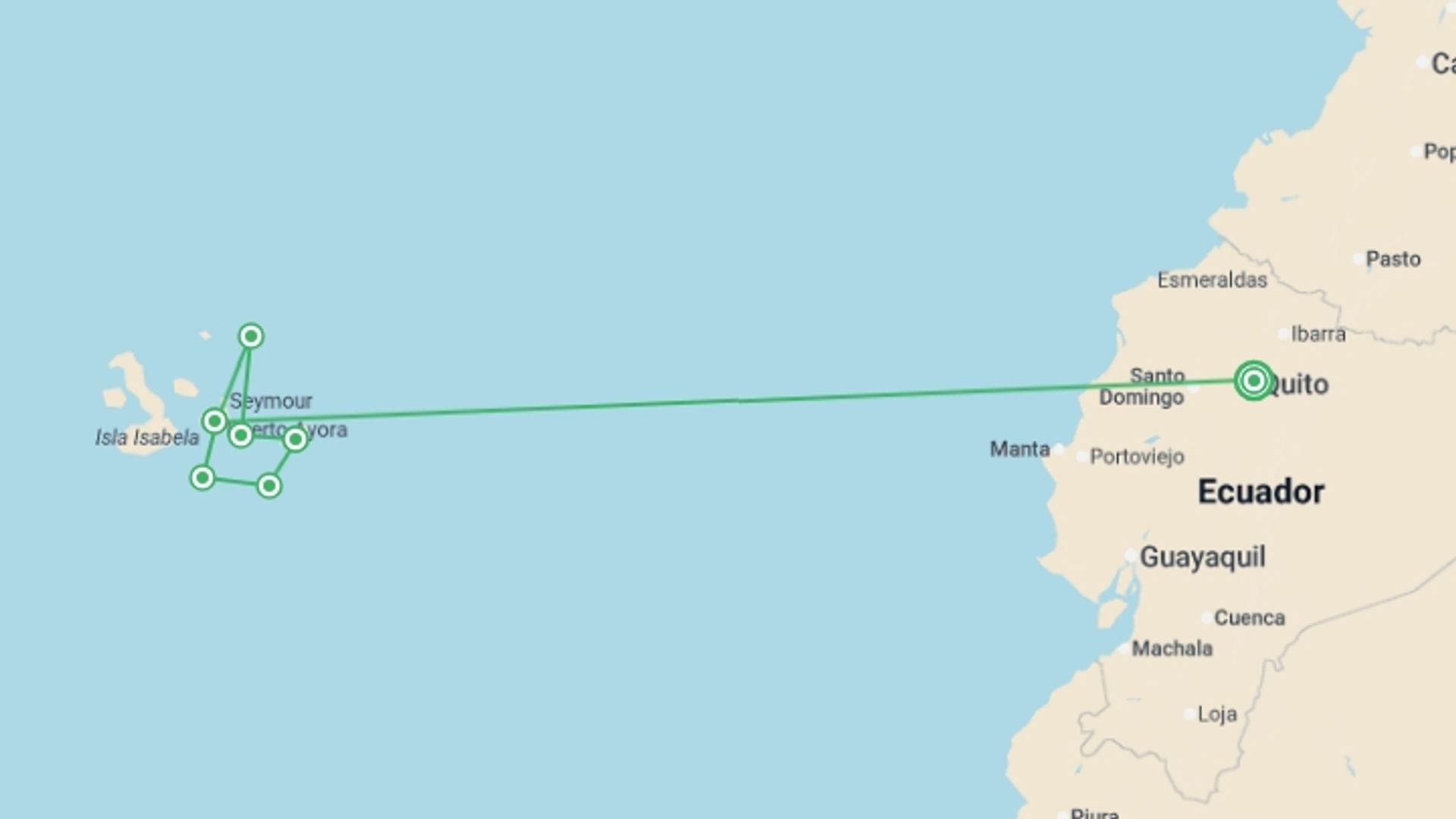 A map showing the tour itinerary for the trip: Ultimate Galapagos - 10 days, starting in Quito, Ecuador and ending in Quito, Ecuador going through 6 other destinations.